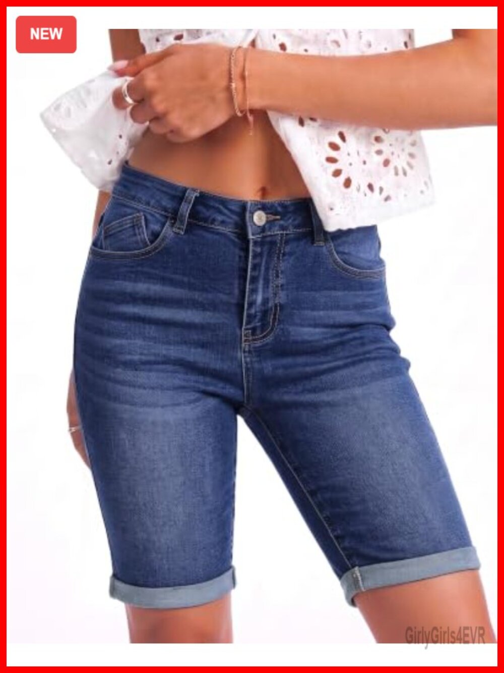 Bermuda Jean Shorts High Rise Cuffed Hem Denim Jorts Stretch Slim Fit